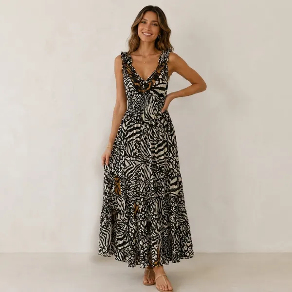 Black_And_White_Animal_Print_Sleeveless_Maxi_Dress_For_Women