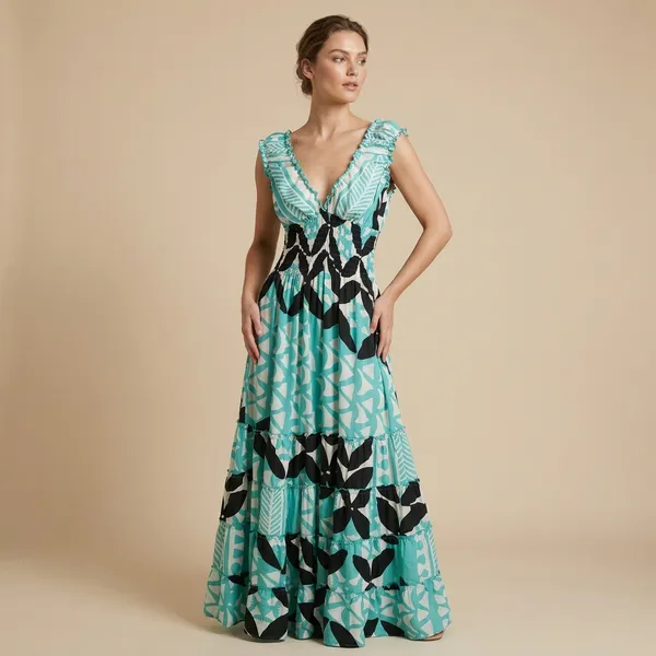Turquoise_Black_Geometric_Print_Off-Shoulder_Maxi_Dress_For_Women