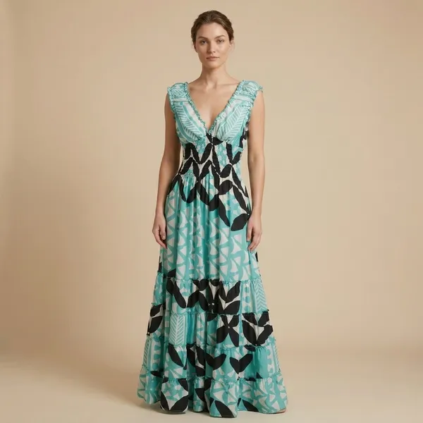 Turquoise_Black_Geometric_Print_Off-Shoulder_Maxi_Dress_For_Women