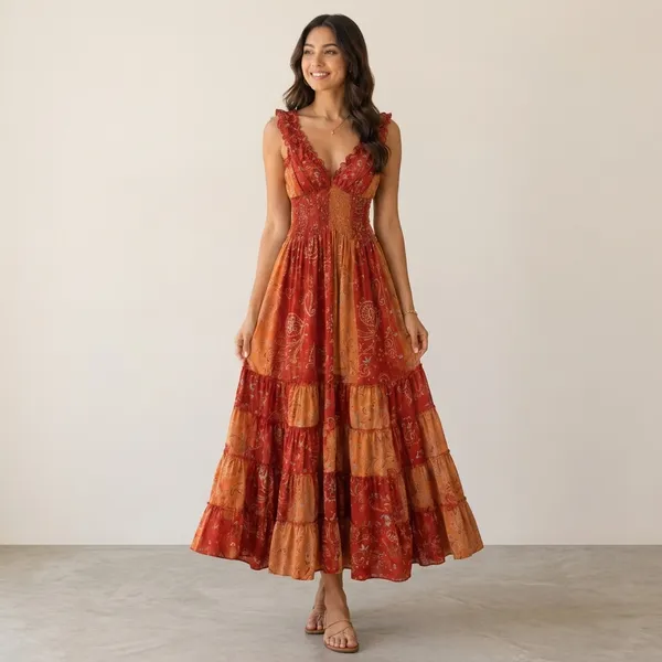 Rust_Orange_Paisley_Print_Smocked_Maxi_Dress_For_Women