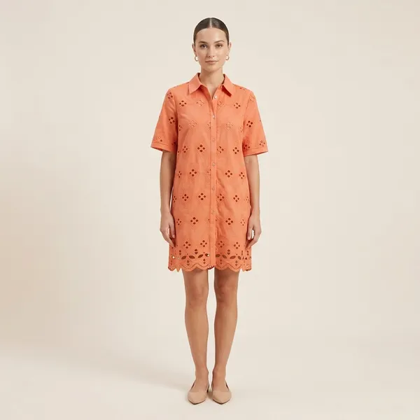 Peach_Cotton_Schiffli_Shirt_Dress_For_Women