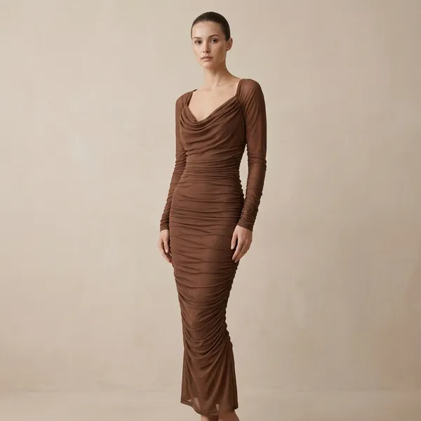Brown_Draped_Cowl_Neck_Long_Sleeve_Gown_For_Women