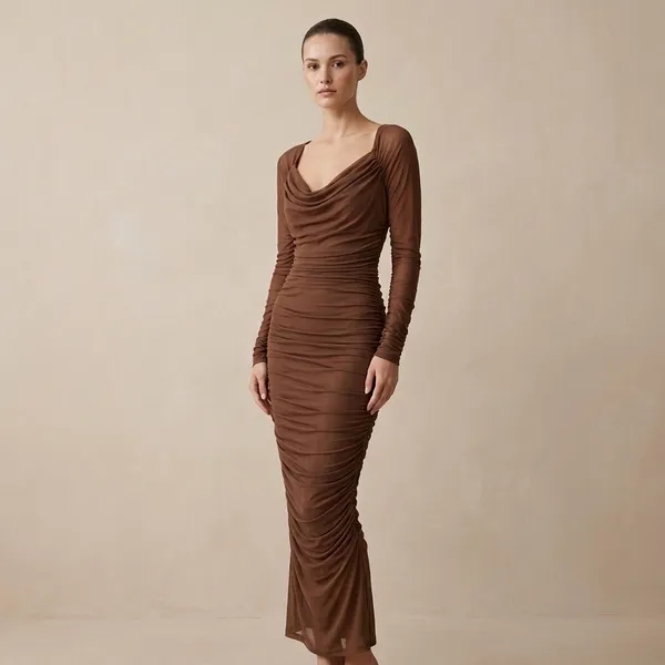 Brown_Draped_Cowl_Neck_Long_Sleeve_Gown_For_Women