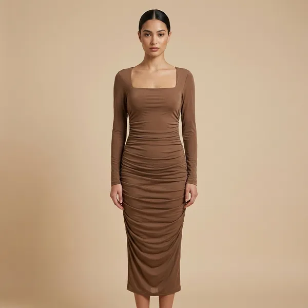 Taupe_Ruched_Long_Sleeve_Bodycon_Dress_For_Women