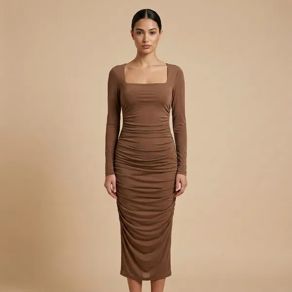 Taupe_Ruched_Long_Sleeve_Bodycon_Dress_For_Women
