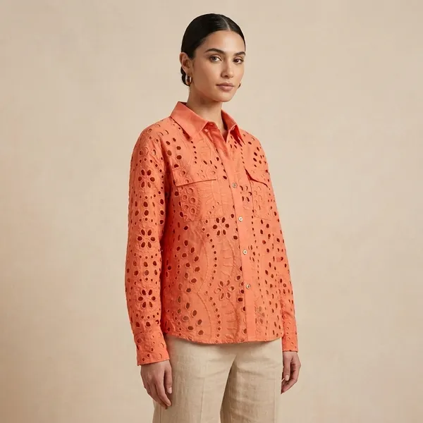 Coral_Eyelet_Cotton_Shirt_For_Women