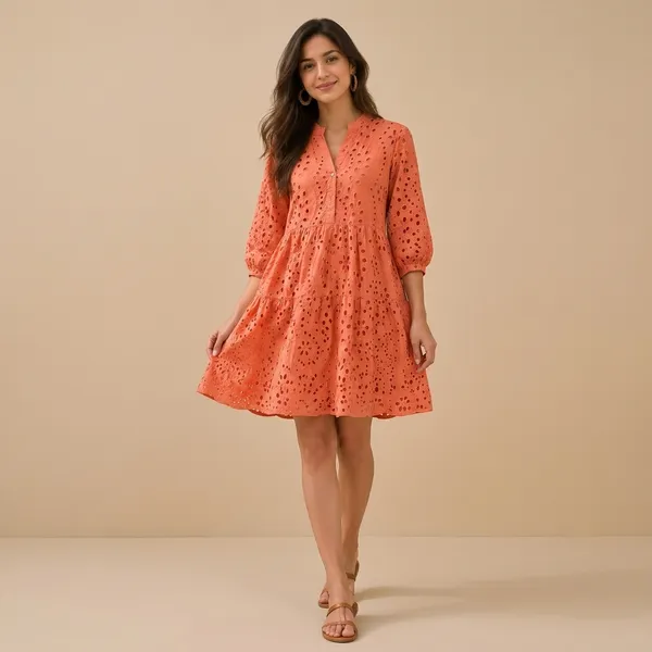 Coral_Cotton_Eyelet_Tiered_Dress_For_Women
