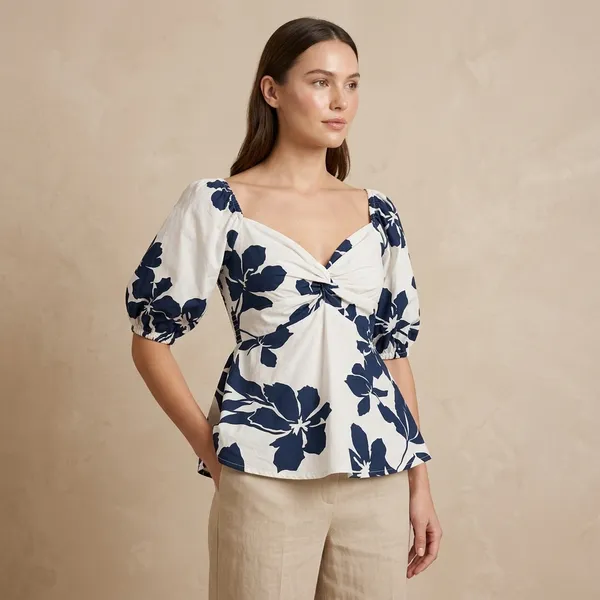 White_Navy_Floral_Print_Puff_Sleeve_Padded_Top_For_Women