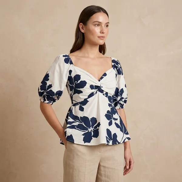White_Navy_Floral_Print_Puff_Sleeve_Padded_Top_For_Women