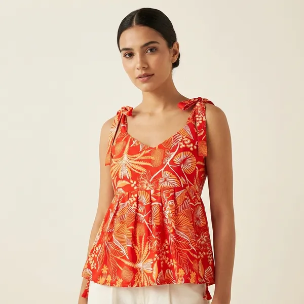 Orange_Floral_Print_Tie_Shoulder_Padded_Top_For_Women