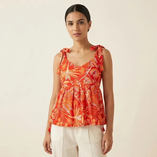 Orange_Floral_Print_Tie_Shoulder_Padded_Top_For_Women
