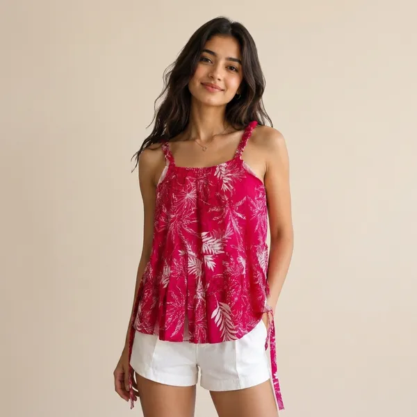 Red_Tropical_Palm_Print_Padded_Top_For_Women