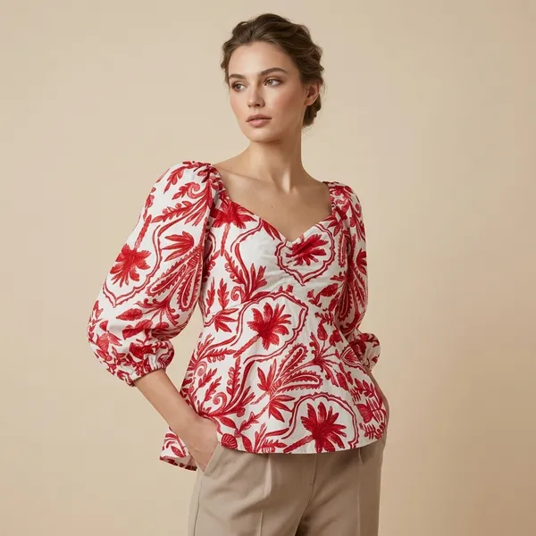 White_Red_Floral_Print_Puff_Sleeve_Padded_Top_For_Women