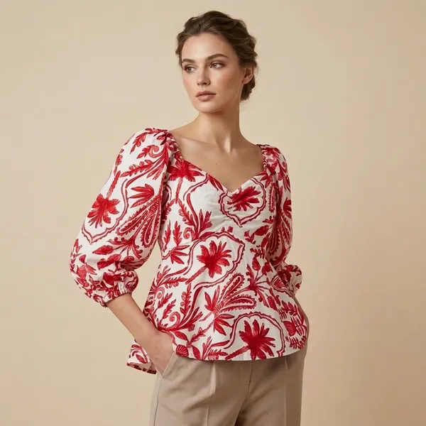 White_Red_Floral_Print_Puff_Sleeve_Padded_Top_For_Women