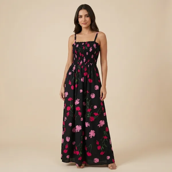 Black_Floral_Print_Smocked_Maxi_Dress_For_Women