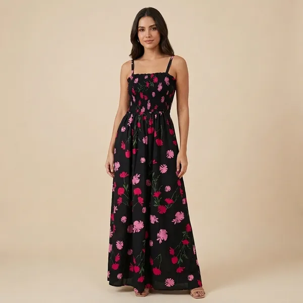 Black_Floral_Print_Smocked_Maxi_Dress_For_Women