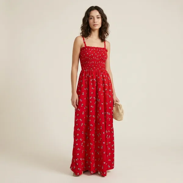 Red_Floral_Print_Smocked_Maxi_Dress_For_Women