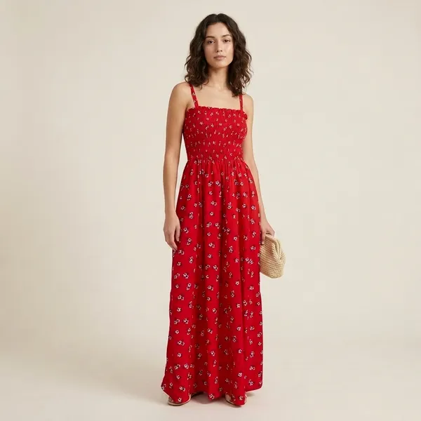 Red_Floral_Print_Smocked_Maxi_Dress_For_Women