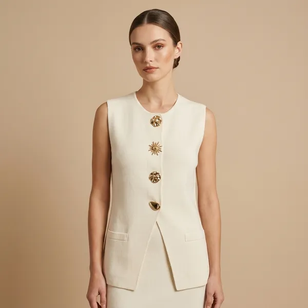 White_Sleeveless_Top_With_Gold_Buttons_For_Women
