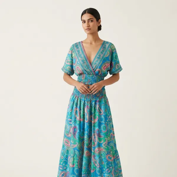 Turquoise_Paisley_Print_Smocked_Top_And_Flared_Plazzo_For_Women
