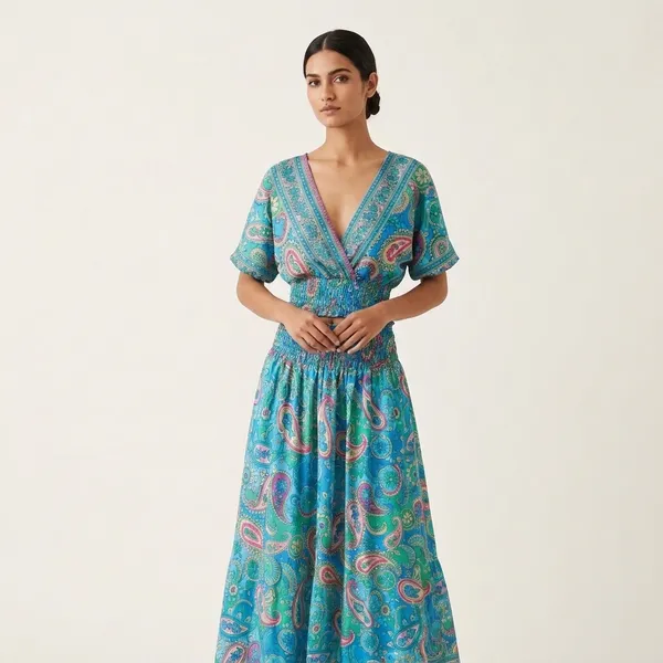 Turquoise_Paisley_Print_Smocked_Top_And_Flared_Plazzo_For_Women
