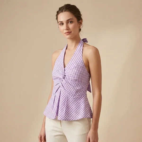 Purple_Gingham_Halter_Neck_Padded_Top_For_Women