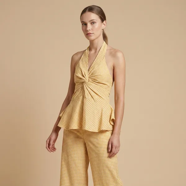 Yellow_Gingham_Halter_Neck_Ruched_Padded_Top_For_Women
