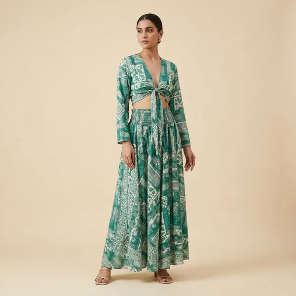 Green_Printed_Cotton_Gathered_Top_And_Skirt_Set_For_Women