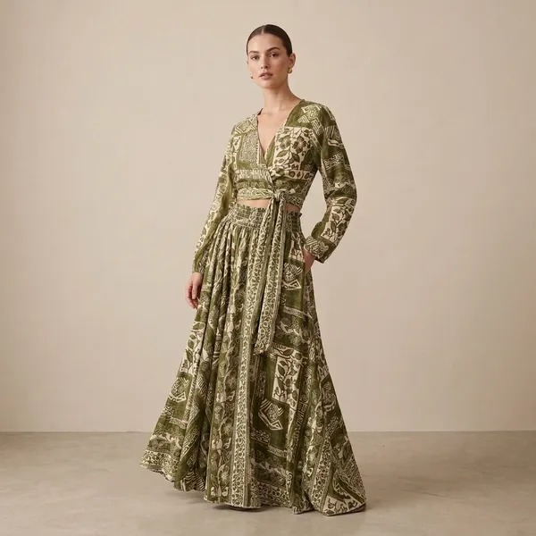 Olive_Green_Printed_Wrap_Top_And_Skirt_Set_For_Women