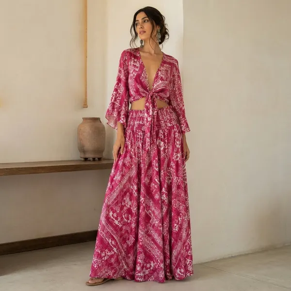 Pink_Printed_Cotton_Co-Ord_Set_With_Wrap_Top_And_Skirt_For_Women