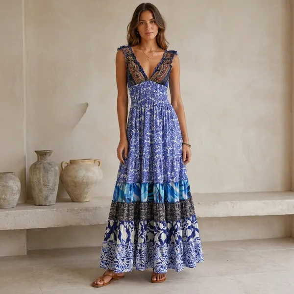 Blue_Multi-Print_Smocked_Maxi_Dress_For_Women