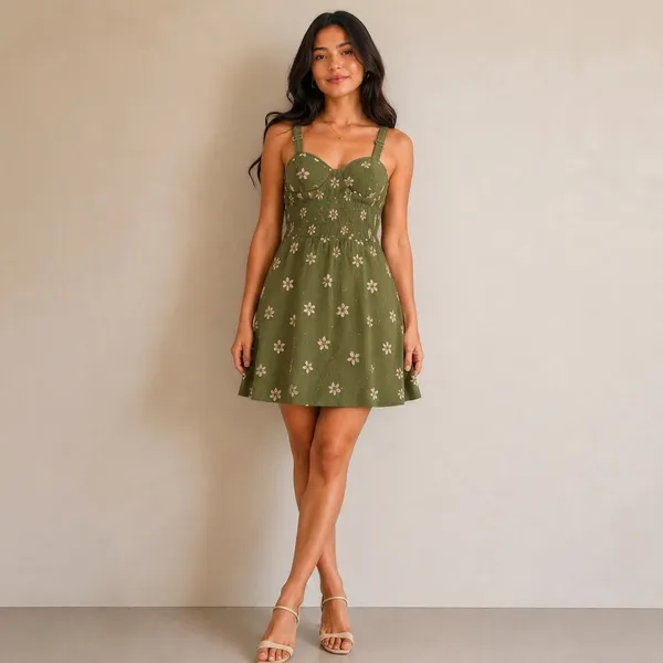 Olive_Green_Floral_Print_Smocked_Short_Padded_Dress_For_Women