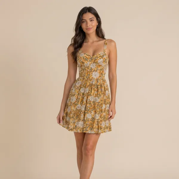 Orange_Floral_Print_Sleeveless_Gathered_Short_Padded_Dress_For_Women