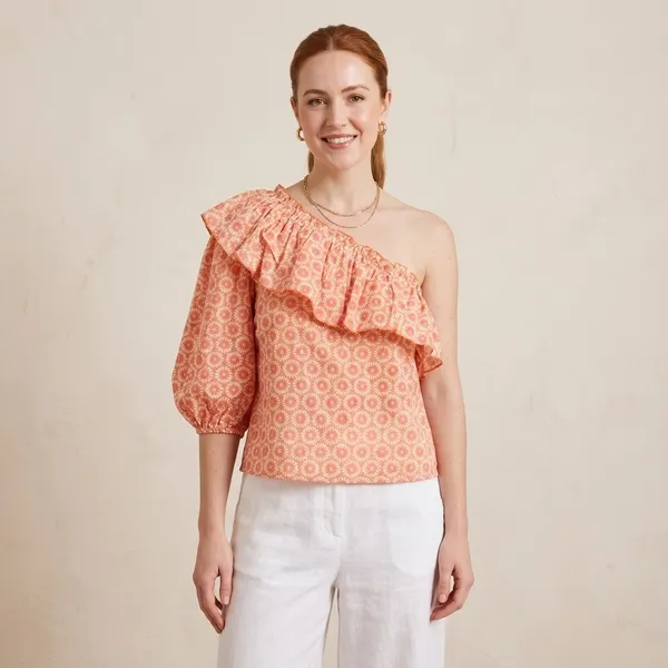 Orange_Floral_Print_Ruffle_Sleeve_Top_For_Women