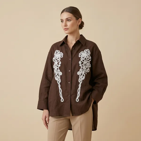 Brown_Embroidered_Long_Sleeve_Shirt_For_Women