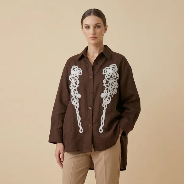 Brown_Embroidered_Long_Sleeve_Shirt_For_Women