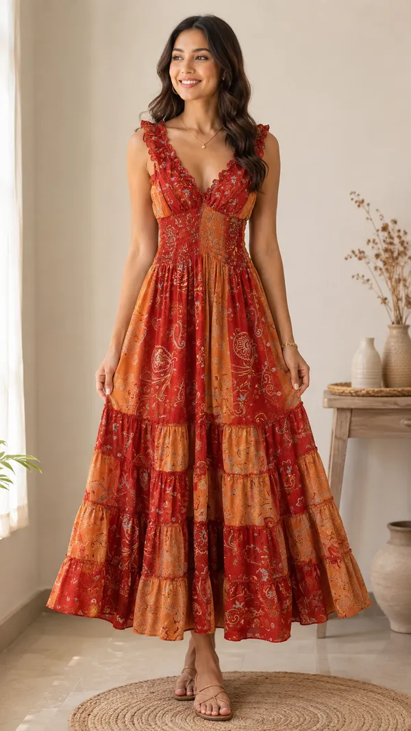 Rust_Orange_Paisley_Print_Smocked_Maxi_Dress_For_Women