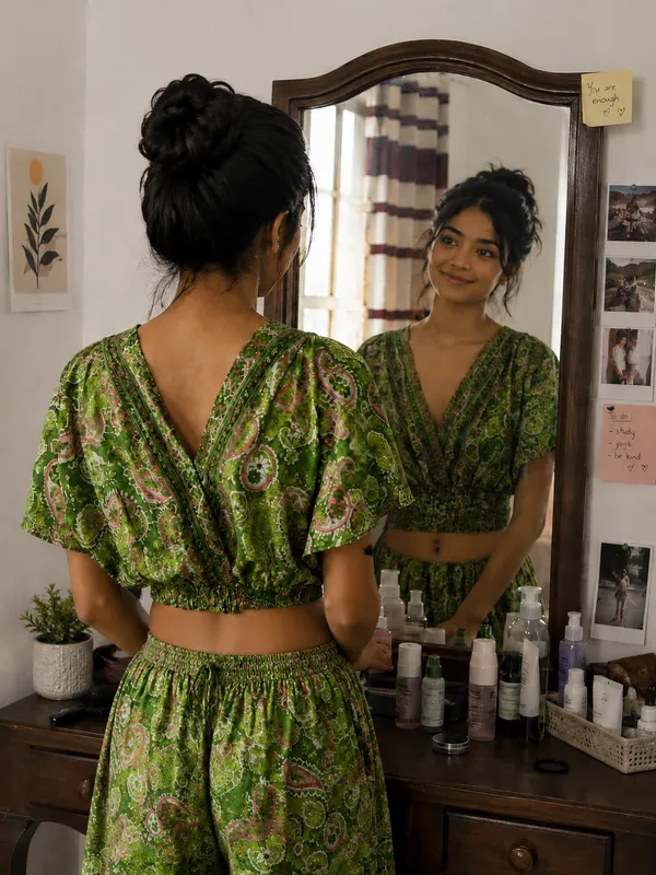 Green_Paisley_Print_Smocked_Flared_Plazzo_Top_Set_For_Women