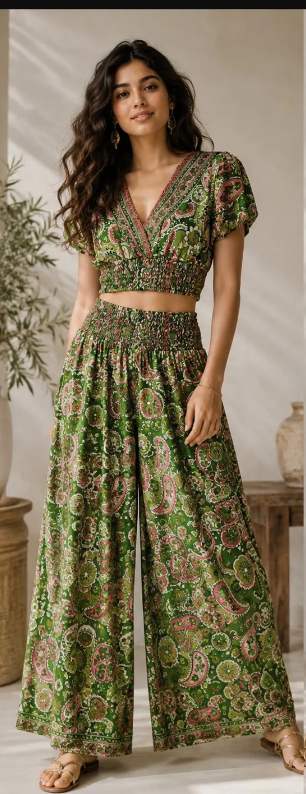 Green_Paisley_Print_Smocked_Flared_Plazzo_Top_Set_For_Women