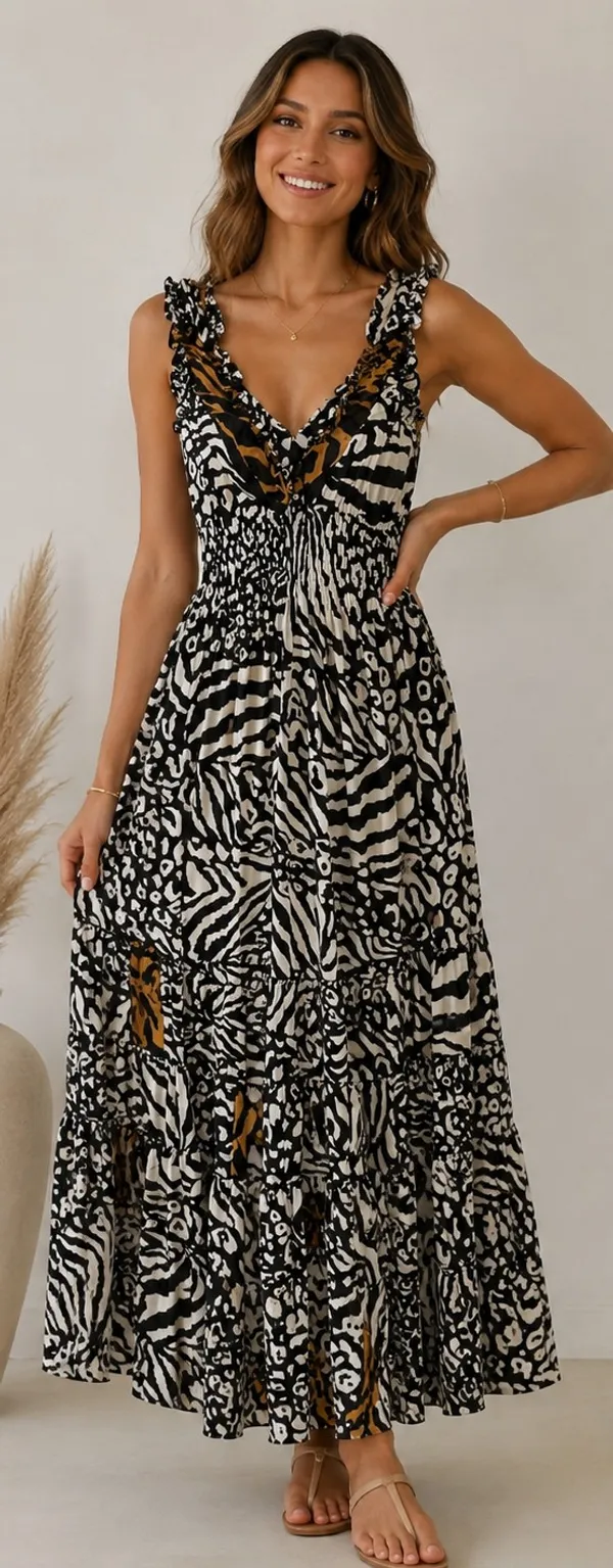 Black_And_White_Animal_Print_Sleeveless_Maxi_Dress_For_Women