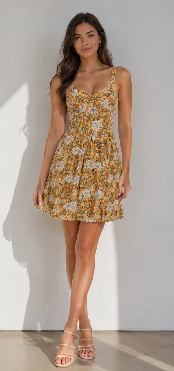 Orange_Floral_Print_Sleeveless_Gathered_Short_Padded_Dress_For_Women