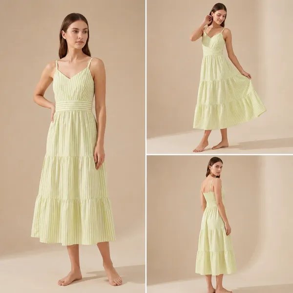 Green_White_Striped_Cotton_Tiered_Midi_Padded_Dress_For_Women