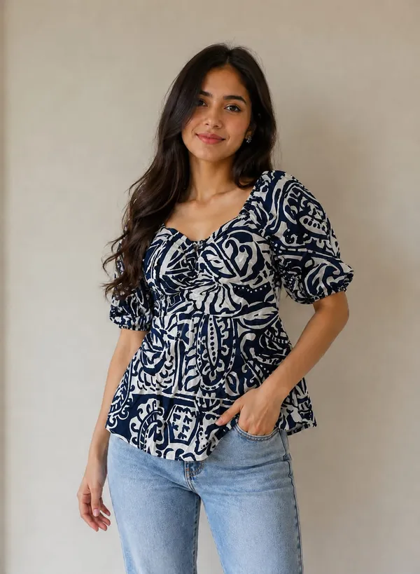 Blue_White_Paisley_Print_Puff_Sleeve_Padded_Top_For_Women