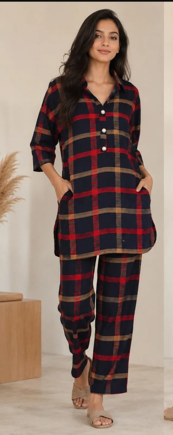 Navy_Blue_Red_Tan_Checked_Cotton_Kurta_Pyjama_Set_For_Women