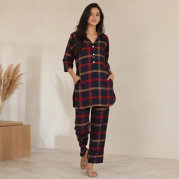 Navy_Blue_Red_Tan_Checked_Cotton_Kurta_Pyjama_Set_For_Women