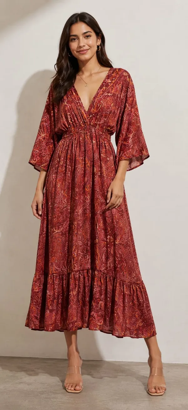 Maroon_Paisley_Print_V-Neck_Maxi_Dress_For_Women