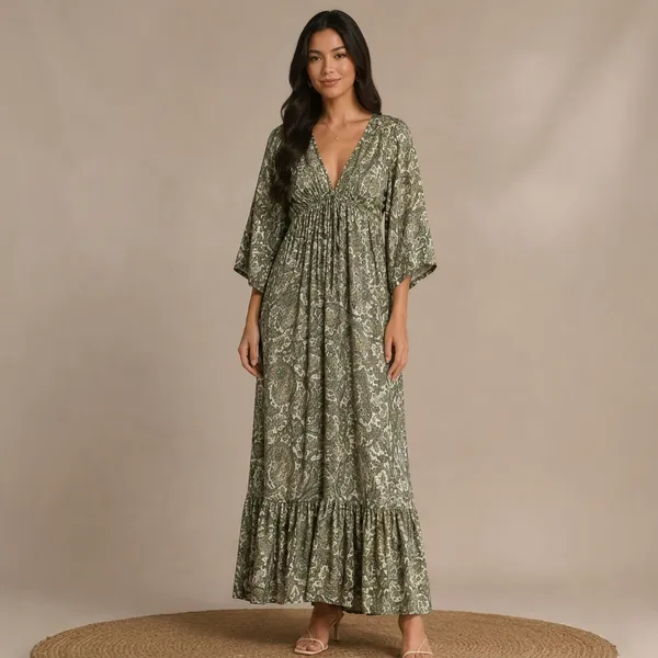 Green_Paisley_Print_Deep_V-Neck_Maxi_Dress_For_Women
