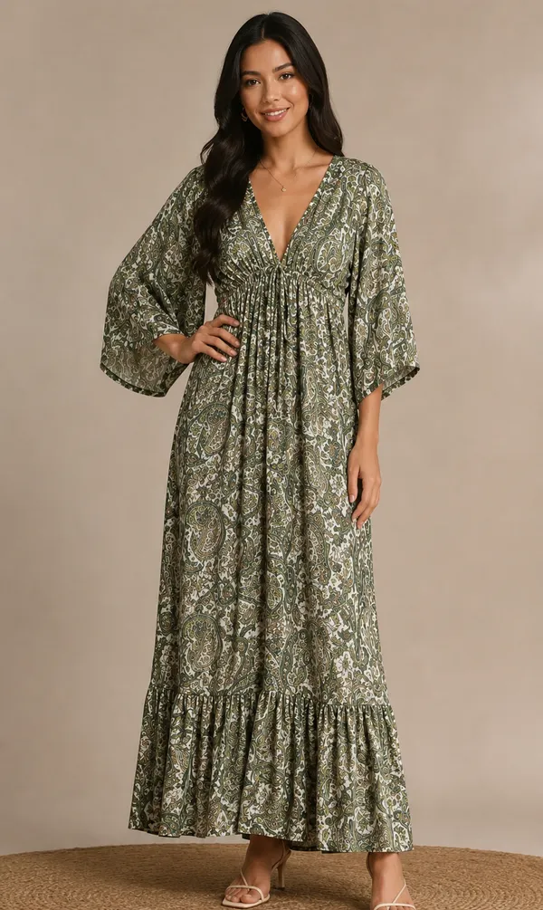 Green_Paisley_Print_Deep_V-Neck_Maxi_Dress_For_Women