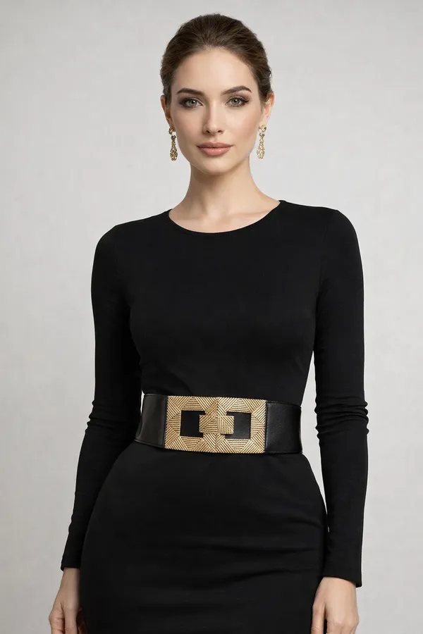 Black_Elastic_Belt_With_Gold_Double_Rectangle_Buckle_For_Women