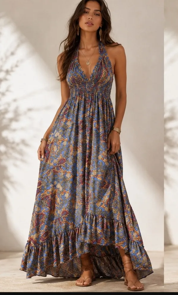 Multicolor_Paisley_Print_Halter_Neck_Maxi_Dress_For_Women